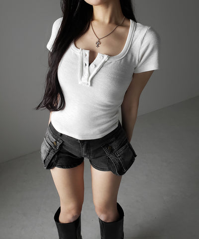 スクエアヘンリーネック半袖ピチＴシャツ ／square henley neck short sleeve pichi T-Shirt
