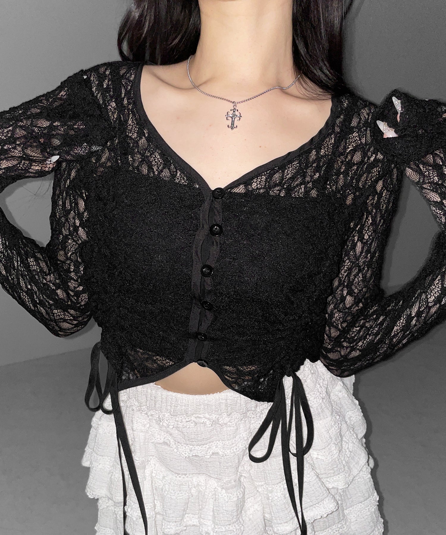 ダブルシャーリングショートレースカーディガン ／ double shirring short lace cardigan