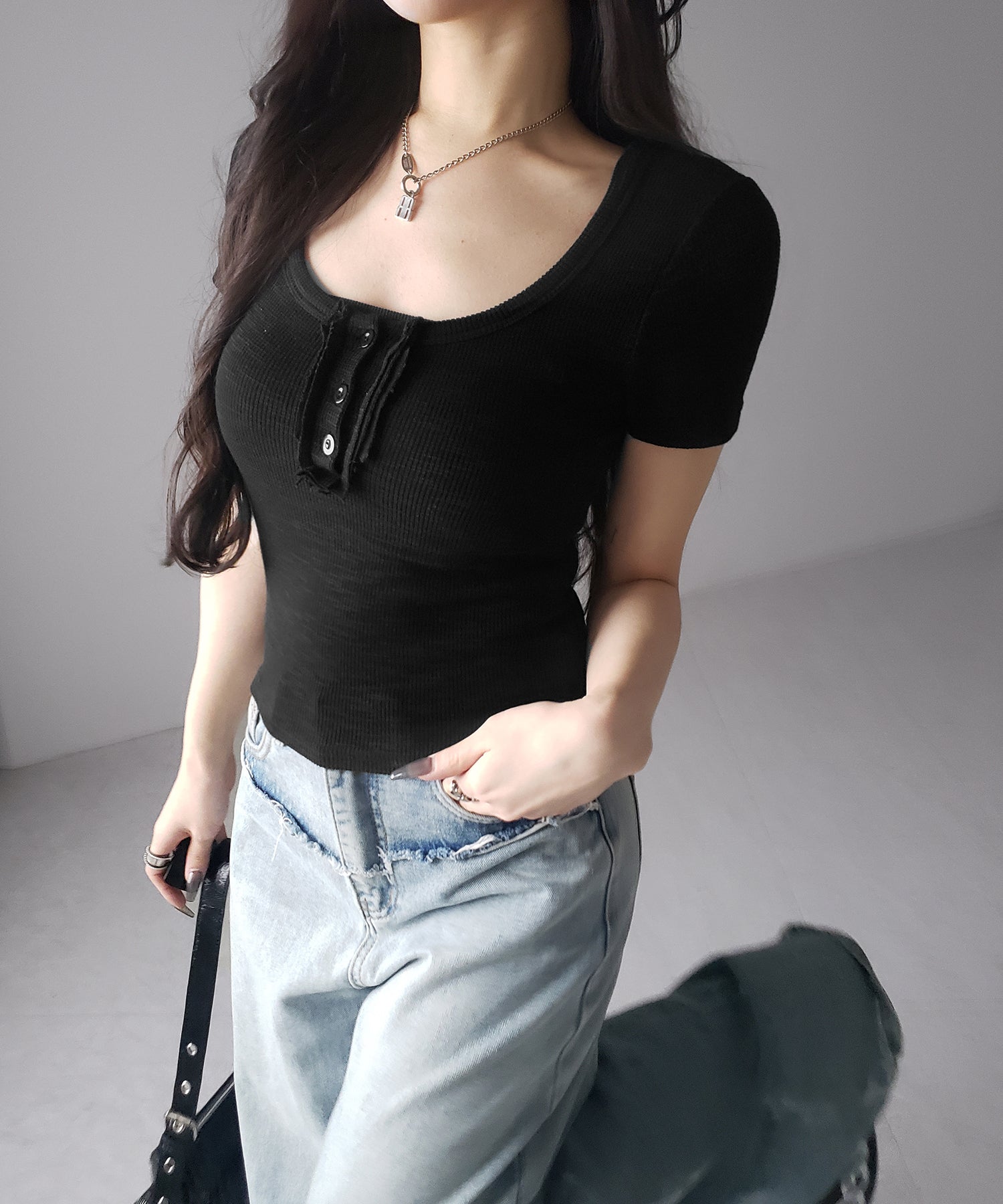 スクエアヘンリーネック半袖ピチＴシャツ ／square henley neck short sleeve pichi T-Shirt