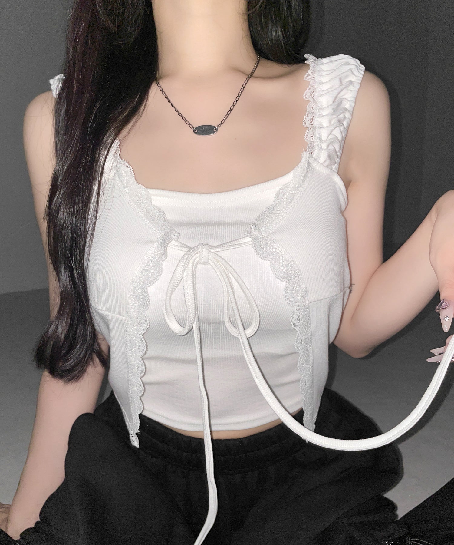 フロントリボンレイヤードリブキャミタンク ／ front ribbon layered lib camisole tank