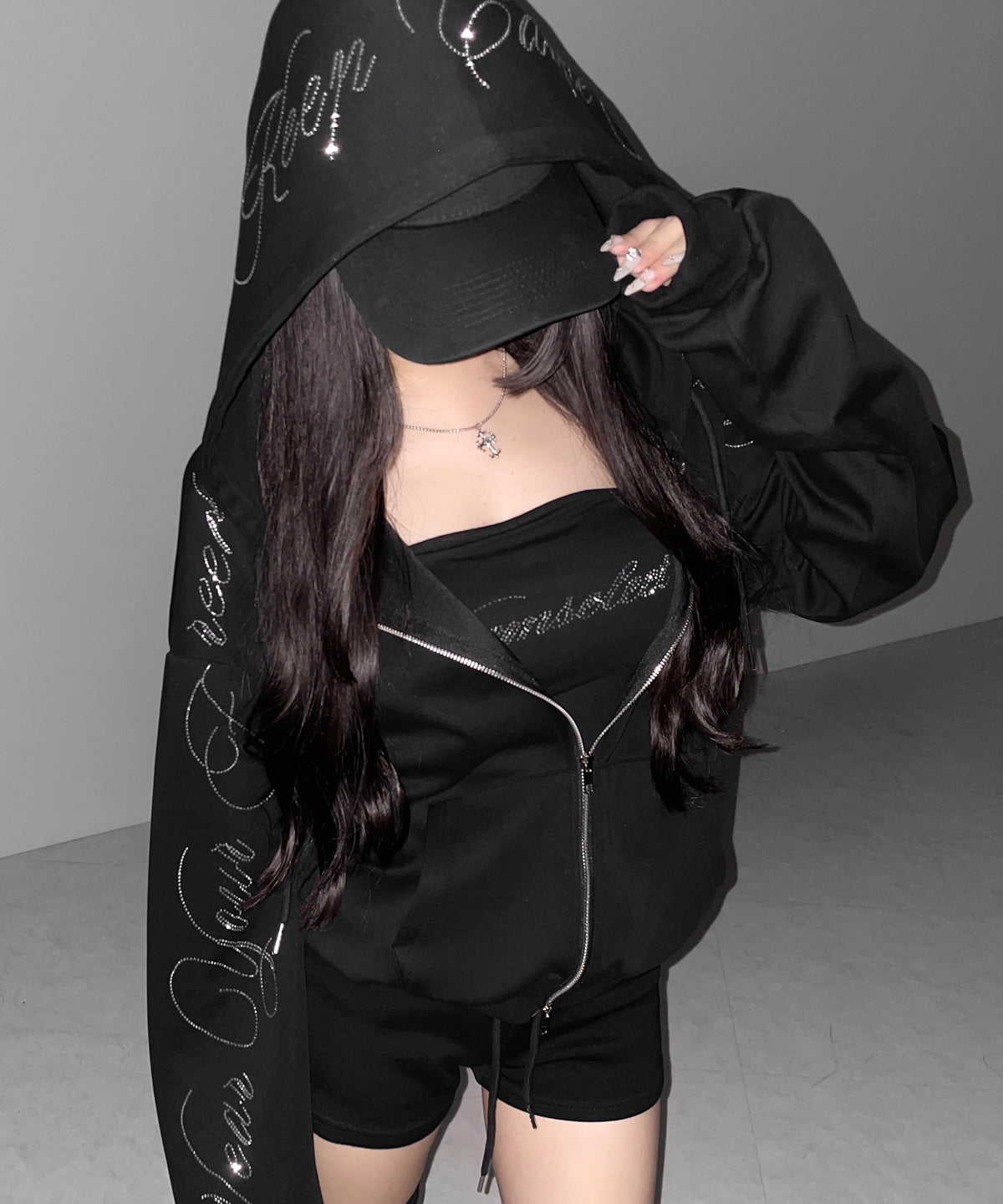 【 セットアップ可能 】ラインストーンロゴダブルジップパーカー ／ Rhine stone logo double zip hoodie