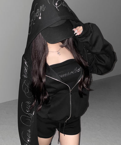 【 セットアップ可能 】ラインストーンロゴダブルジップパーカー ／ Rhine stone logo double zip hoodie