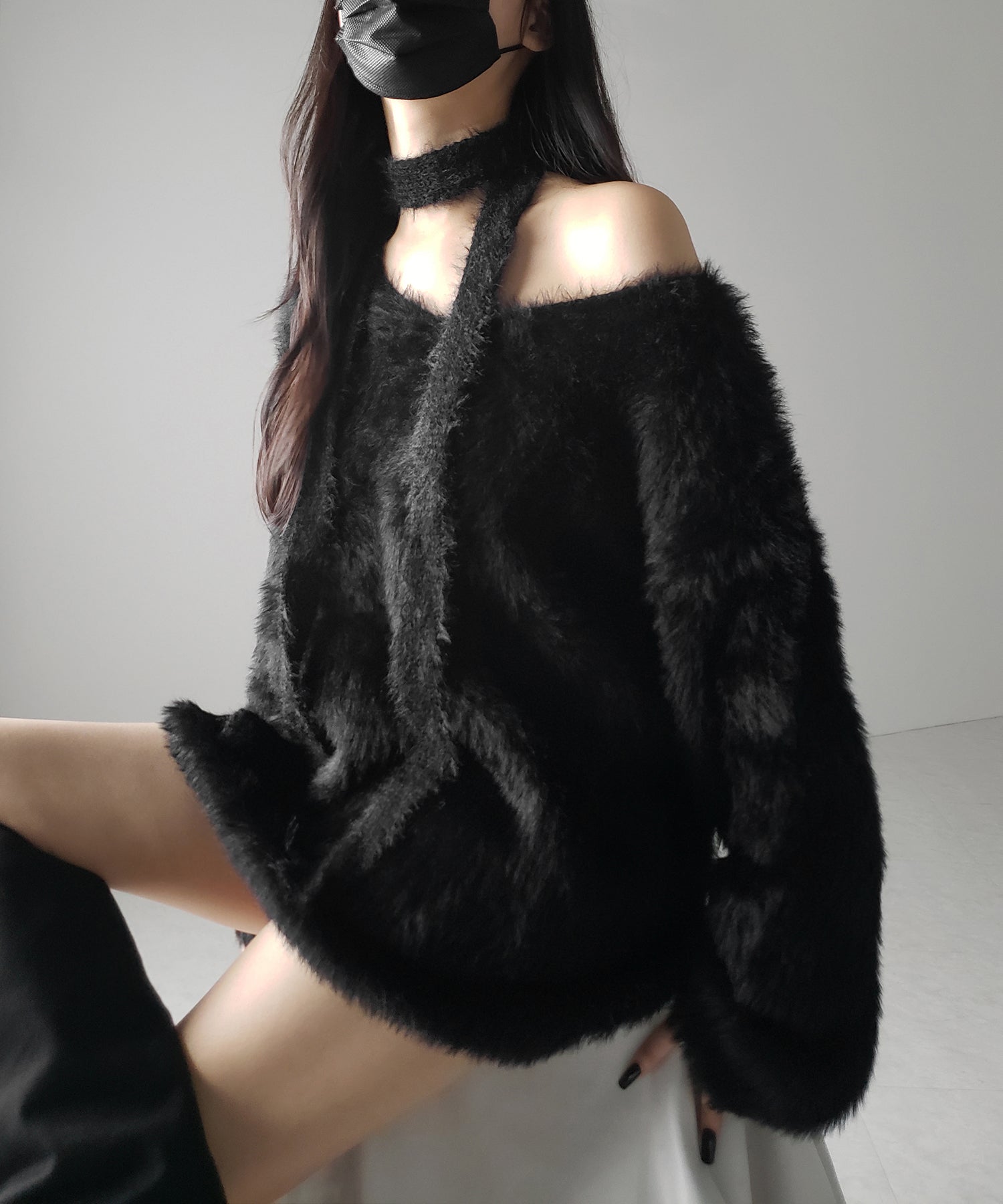 【 ２color 】チョーカータイ付きルーズシャギーニット ／ choker tie set loose shaggy knit