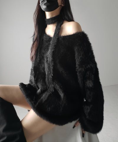 【 ２color 】チョーカータイ付きルーズシャギーニット ／ choker tie set loose shaggy knit