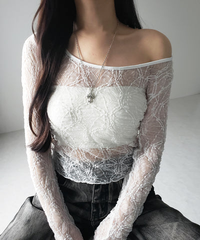 【 ２color ／２WAY 】ワンショルルーズシアーレーストップス ／ one shoulder loose sheer lace tops