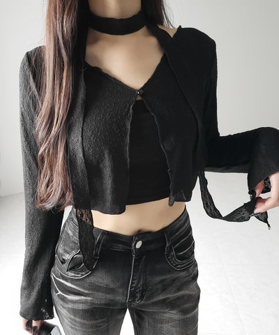 【 ２color ／ ２WAY 】チョーカーロングタイ付きショートシアーカーディガン ／ choker long tie set short sheer cardigan