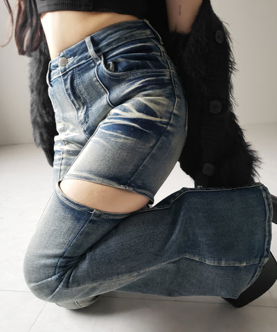 【 ２color ／ ３size 】カットアウトヴィンテージストレッチフレアデニム ／ cutout vintage stretch flare denim
