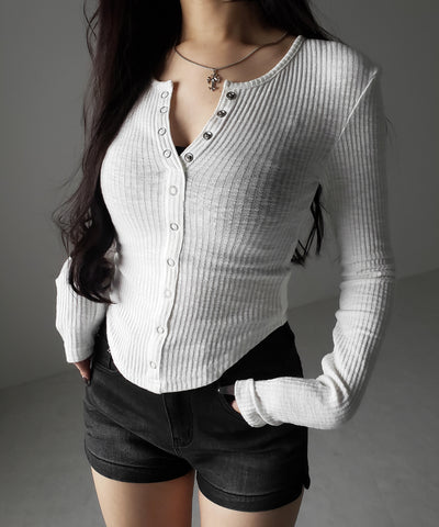 スナップボタンタイトリブカットソートップス ／ snap button tight ribbed cutsew tops