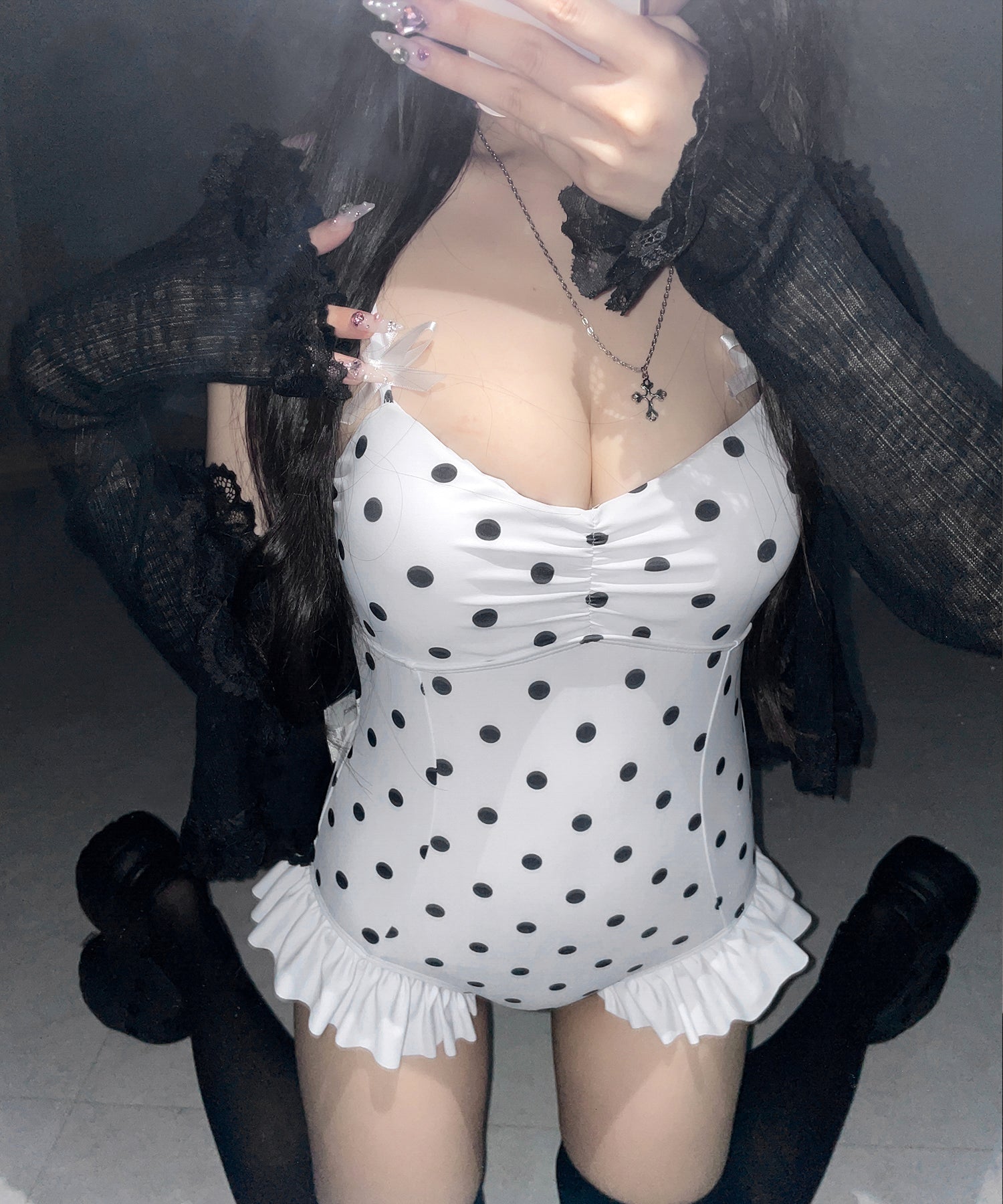 【 レディース水着 】ドットリボンフリルワンピース水着 ／ Dot ribbon frill onepiece swimwear