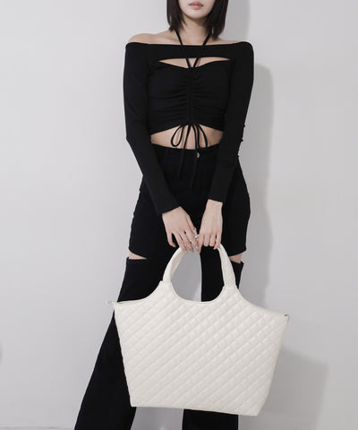 【 A4収納可 】フェイクレザーキルティングトートバッグ ／ fake leather quilted tote bag