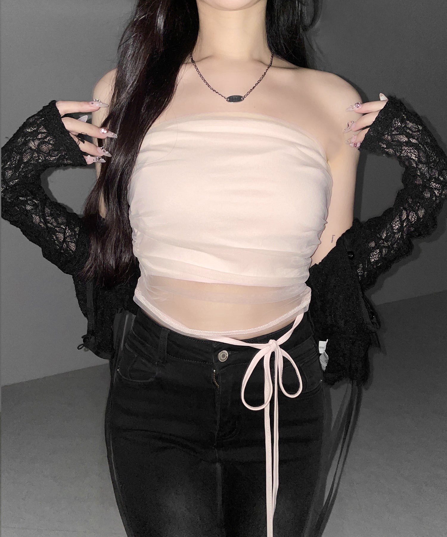 ウエストクロスチュールドッキングベアトップ ／ waist cross tulle docking bare top