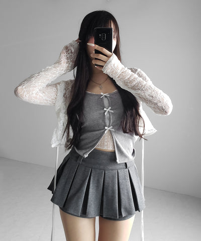 フロントリボンレースレイヤードリブキャミソール ／Front ribbon lace layered ribbed camisole