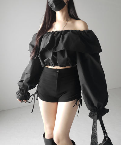 【 ２color 】オフショルダーフリルショートブラウス ／off shoulder frill short blouse