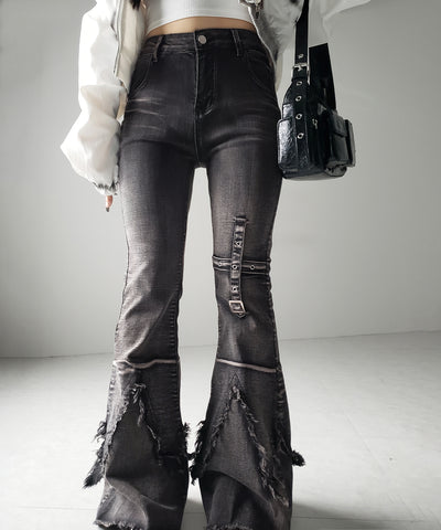【 ２color ／ ４size 】クロスデザインヴィンテージライクフリンジストレッチフレアデニム ／ cross design vintage-like fringe stretch flare denim