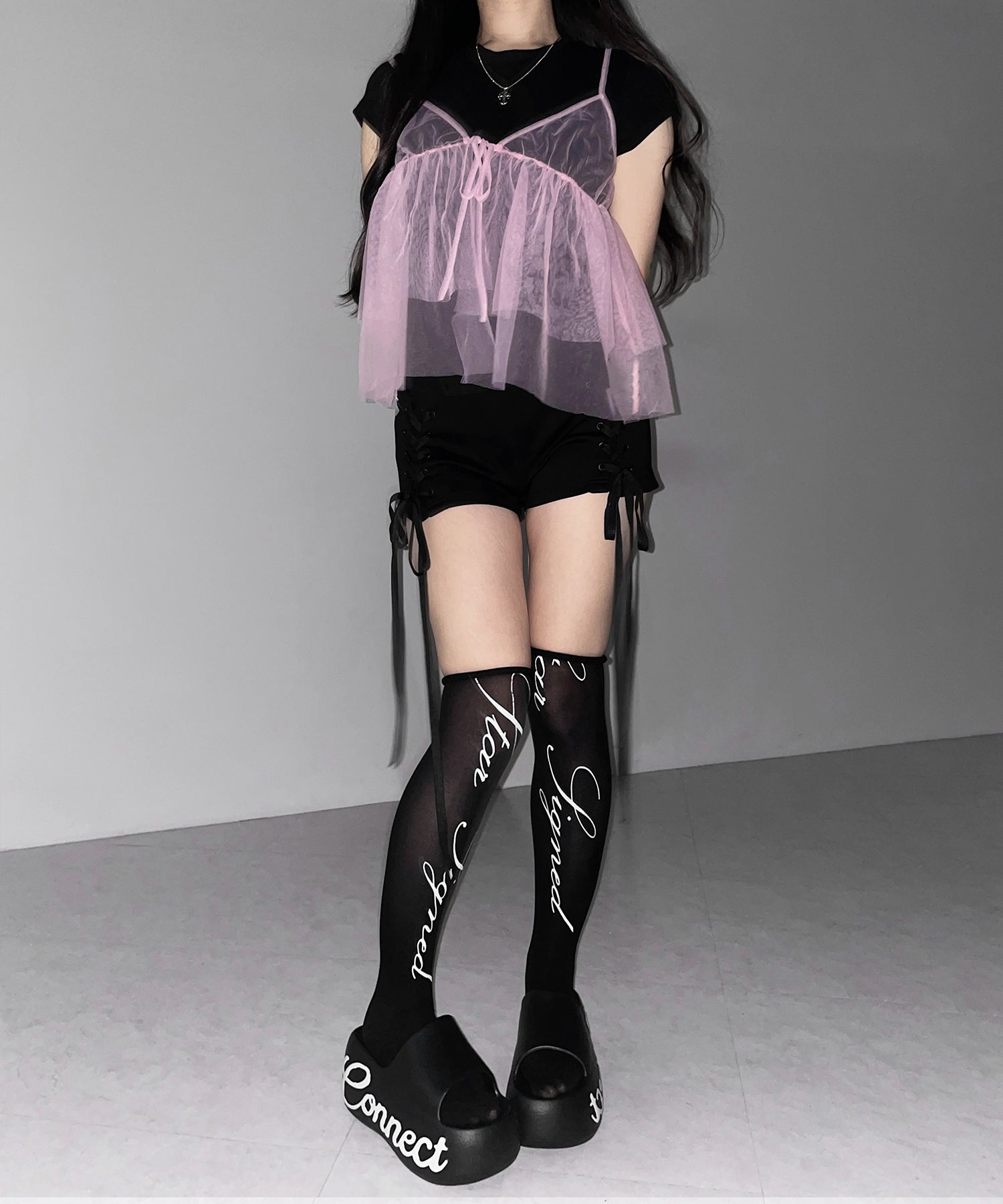 フロントリボンチュールキャミソール ／ front ribbon tulle camisole