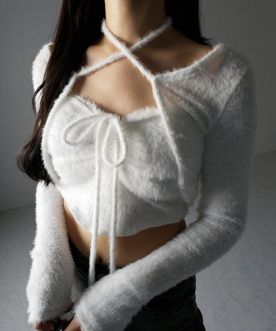 【 ２点セット 】シャギーリボンベアトップス ＆ ショートシャギーカーディガン SET ／ Shaggy ribbon bare tops & short shaggy cardigan