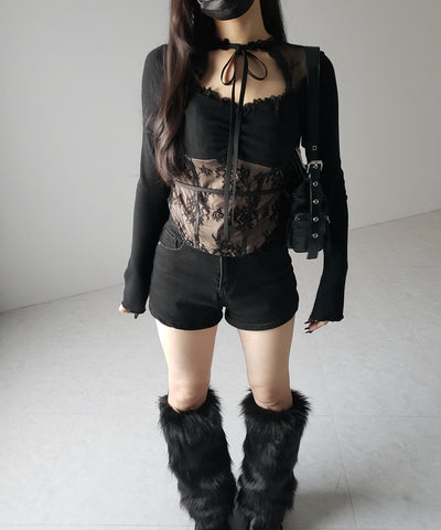 【 ２color 】チョーカーネックリボンレーシーカットソートップス ／ choker neck ribbon lacy cutsaw tops