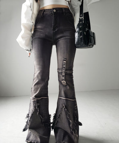 【 ２color ／ ４size 】クロスデザインヴィンテージライクフリンジストレッチフレアデニム ／ cross design vintage-like fringe stretch flare denim