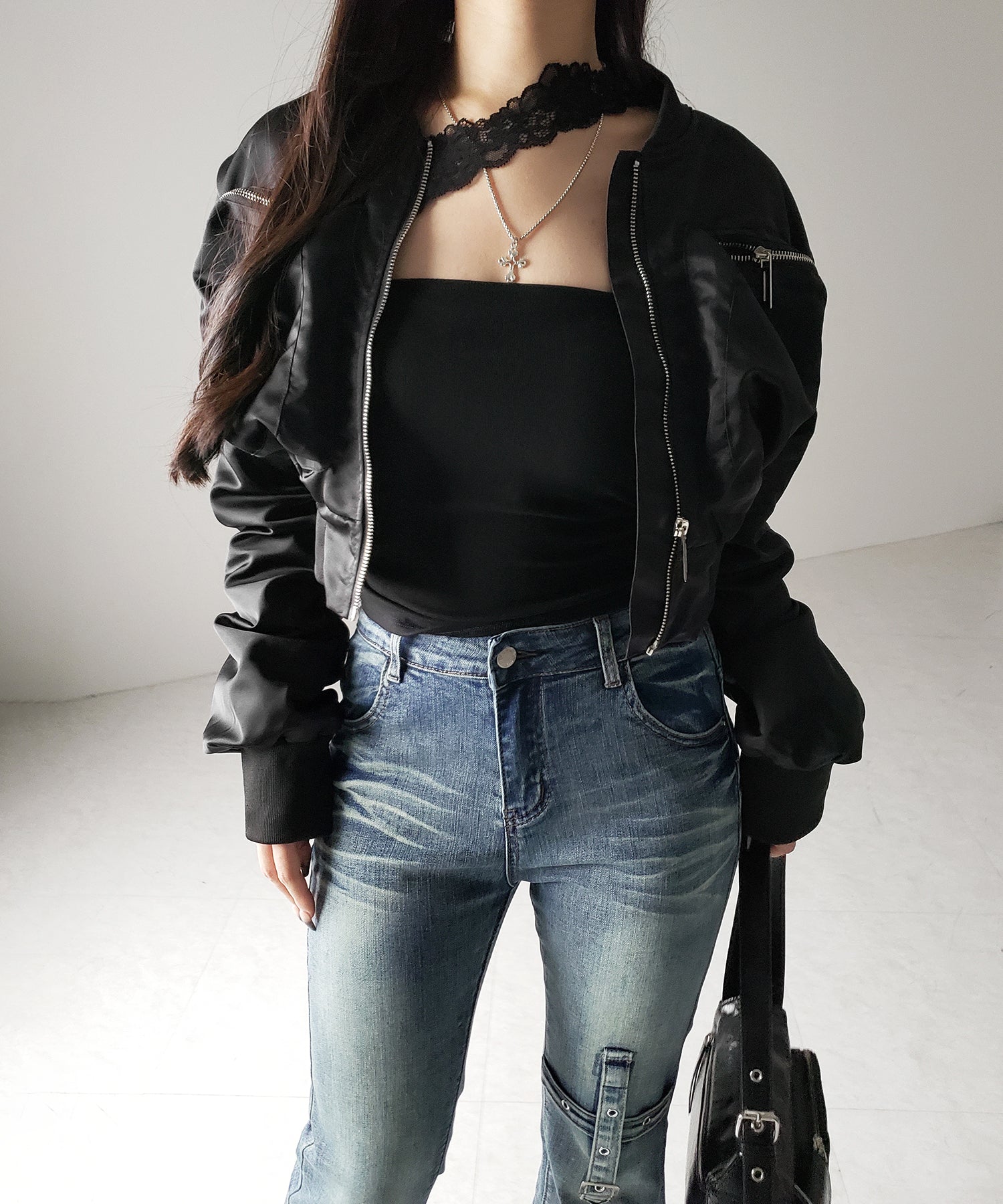 【 ２color ／ ４size 】クロスデザインヴィンテージライクフリンジストレッチフレアデニム ／ cross design vintage-like fringe stretch flare denim