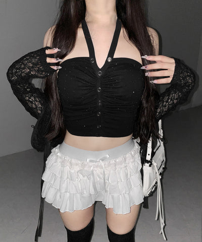 ラインストーンホルターネックスナップギャザーベアトップ ／ Rhinestone halter neck snap gathered bare top