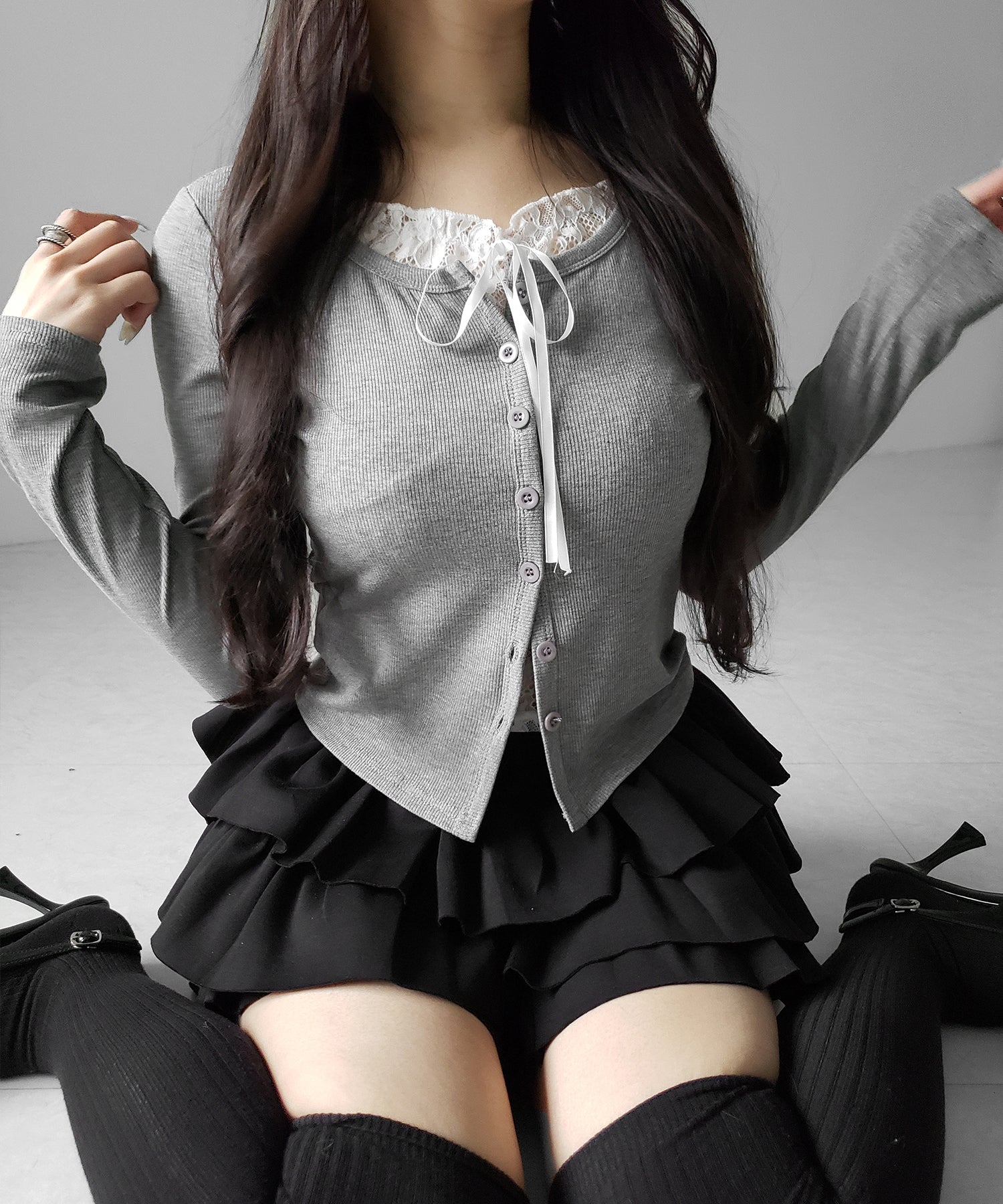 フロントリボンレースレイヤード長袖リブカーディガン ／front ribbon lace layered long-sleeve rib cardigan
