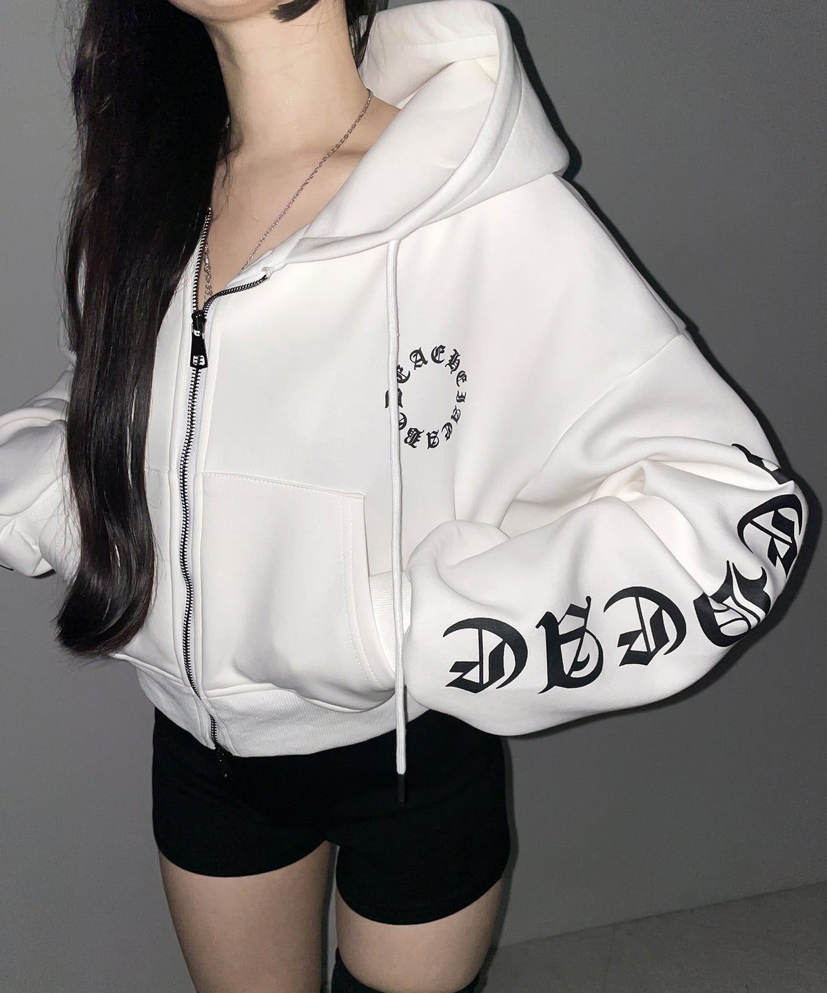 グランジロゴダブルジップショートパーカー ／ grunge logo double zip short hoodie