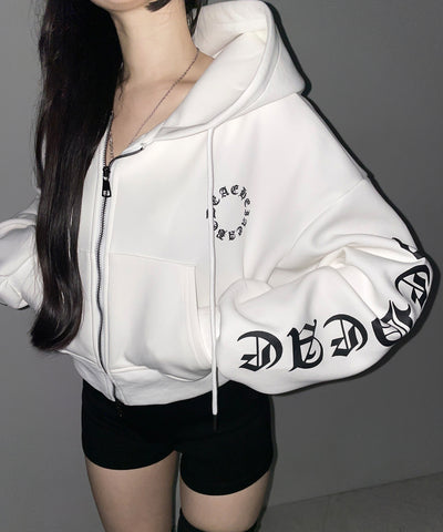 グランジロゴダブルジップショートパーカー ／ grunge logo double zip short hoodie