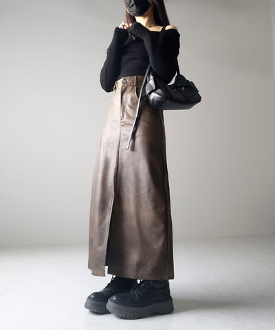 【 ３color ／ ３size 】フロントスリットヴィンテージフェイクレザースカート
