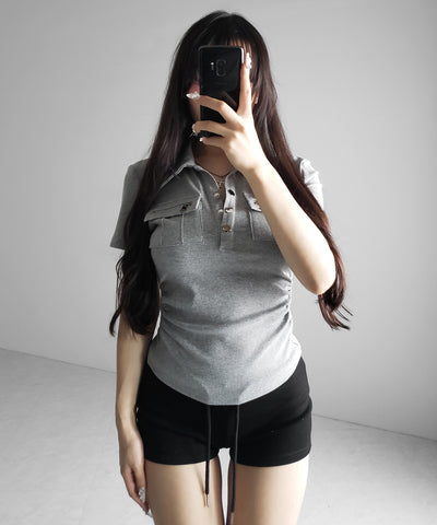 アウトポケットポロネックリブカットソートップス ／ out pocket polo neck rib cutsew tops