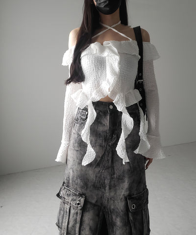 【 ３SIZE 】クラッシュブリーチセンタースリットカーゴデニムスカート ／ crash bleach center slit cargo denim skirt