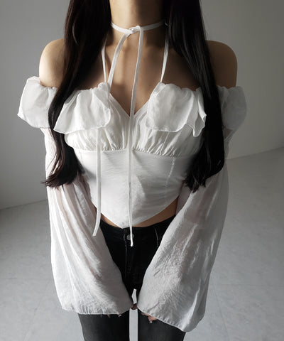 【 ２color ／ ３WAY 】チョーカーリボンフレアスリーブオフショルブラウス ／ choker ribbon flare sleeve off-shoulder blouse