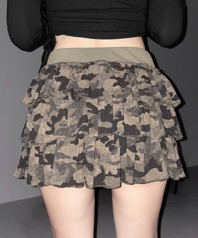 【 インパン裏地付 】ヴィンテージカモフラ迷彩フリルミニスカート ／ vintage camouflage frill mini skirt