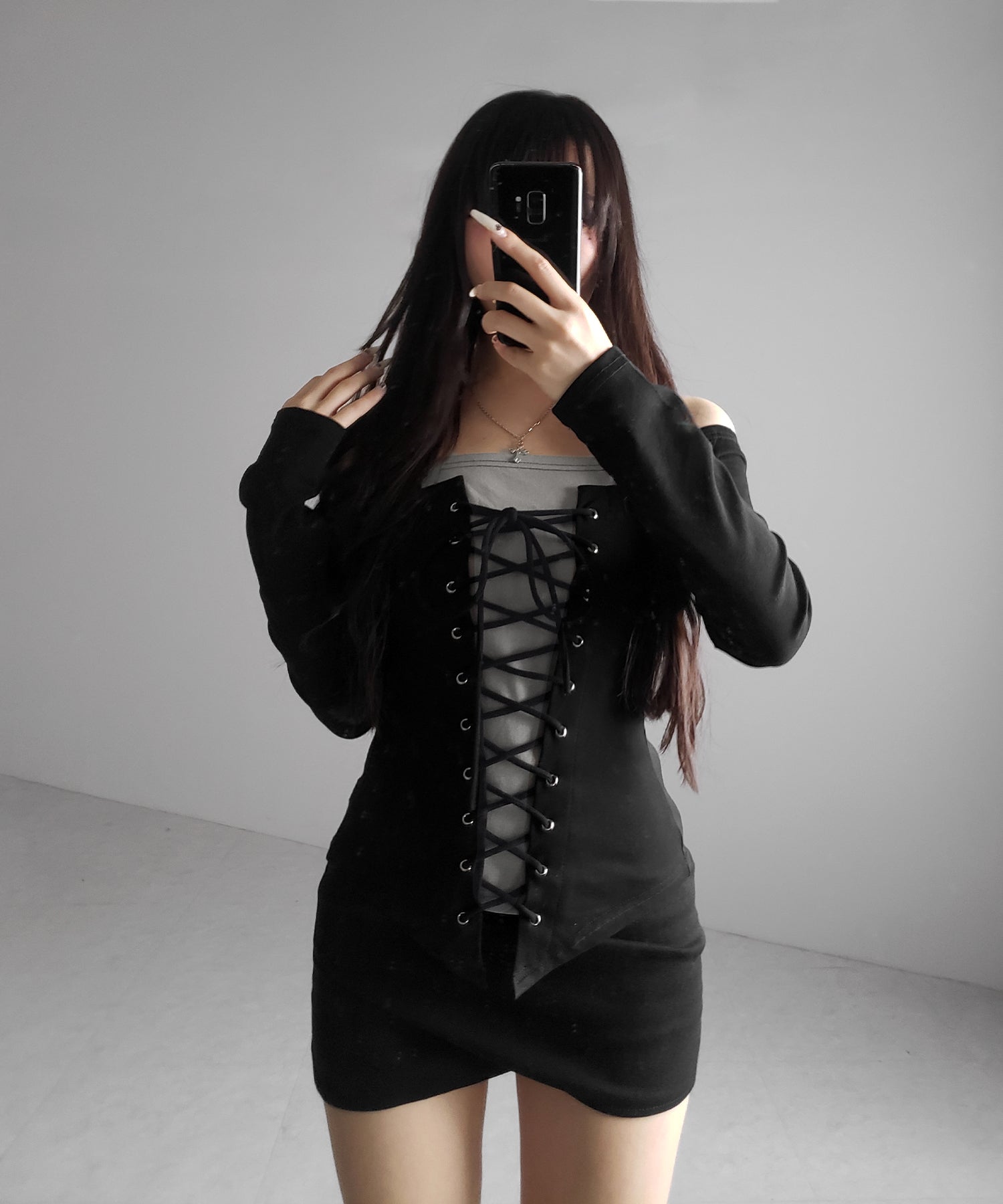 レースアップコルセットリボンオフショルトップス ／ laceup corset ribbon off shoulder tops