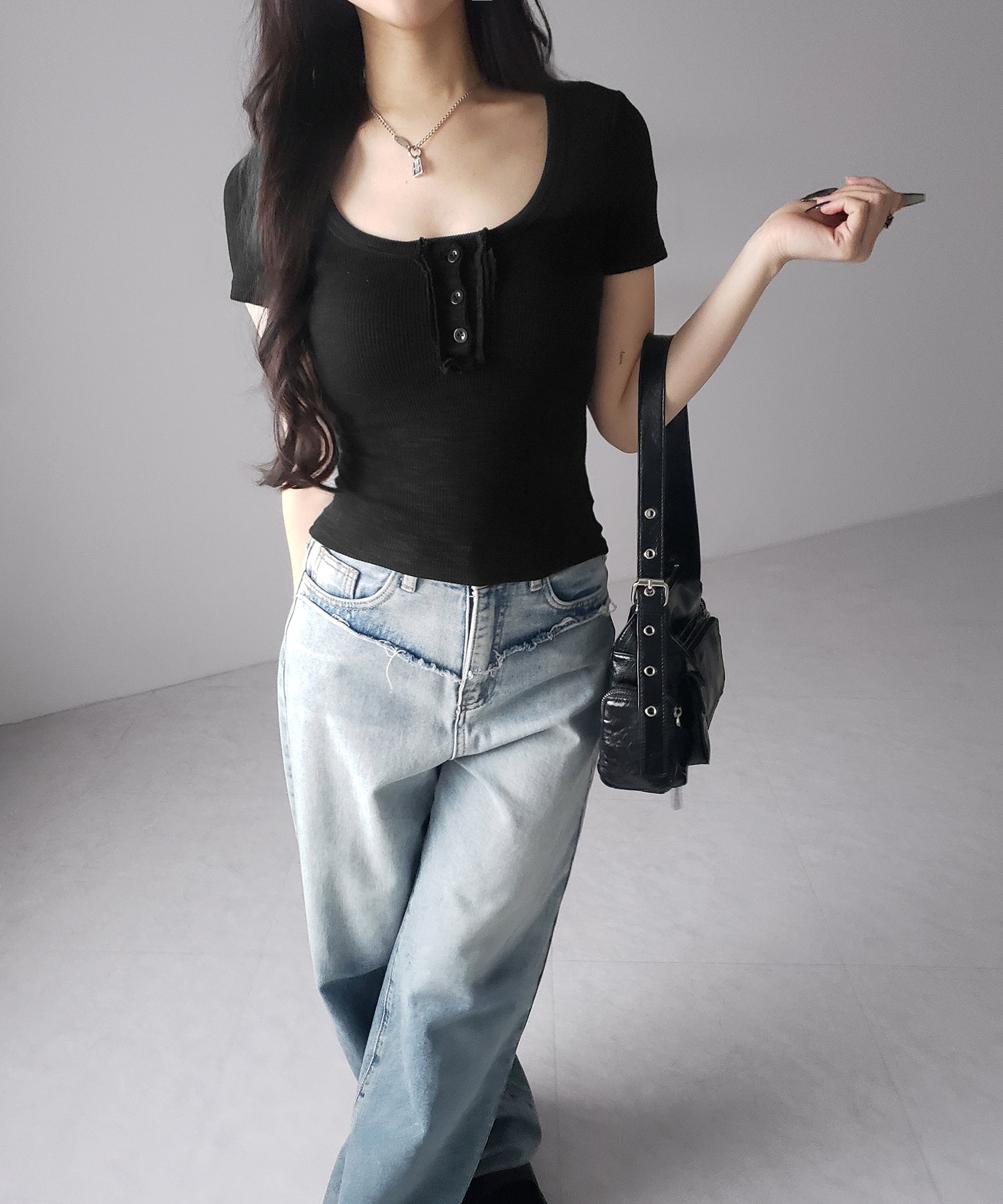スクエアヘンリーネック半袖ピチＴシャツ ／square henley neck short sleeve pichi T-Shirt