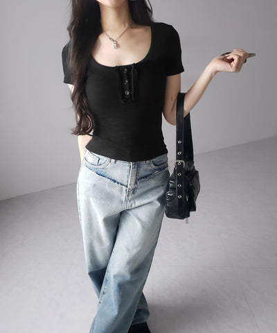 スクエアヘンリーネック半袖ピチＴシャツ ／square henley neck short sleeve pichi T-Shirt