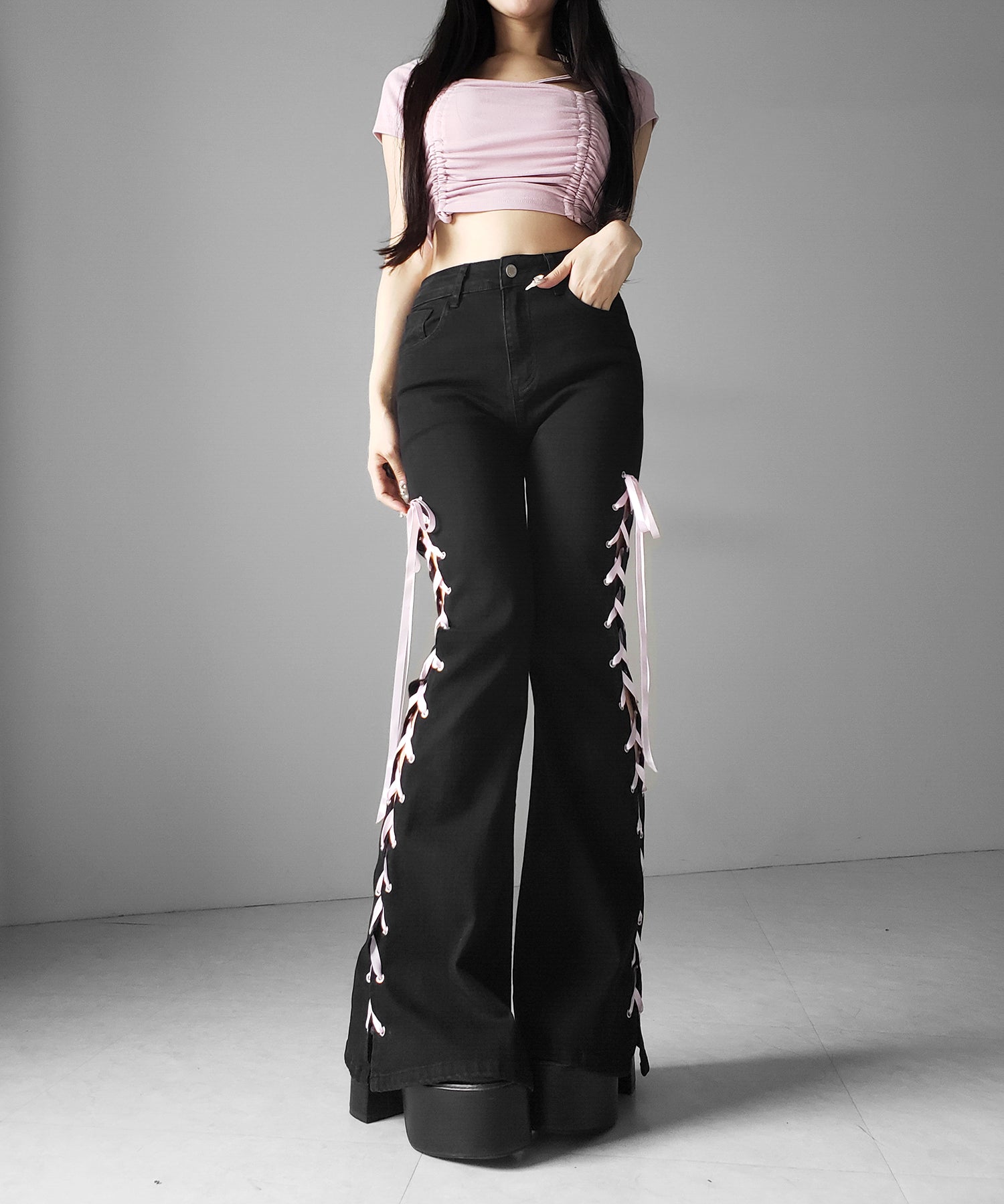 サテンリボンレースアップカットアウトストレッチフレアデニム ／ satin ribbon laceup cutout stretch flare denim