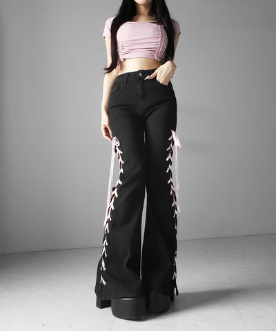 サテンリボンレースアップカットアウトストレッチフレアデニム ／ satin ribbon laceup cutout stretch flare denim