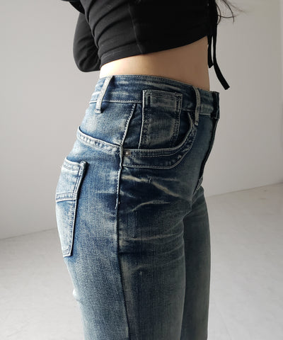 【 ２color ／ ４size 】ヴィンテージライクフリンジストレッチフレアデニム ／ Vintage-like fringe stretch flare denim