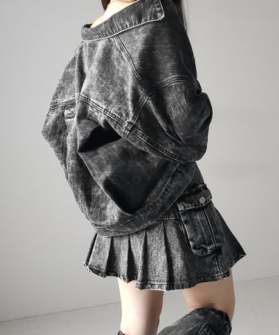 【 セットアップ着用可能 】ヴィンテージケミカルブリーチプリーツデニムミニスカート ／ vintage bleached pleated denim mini skirt