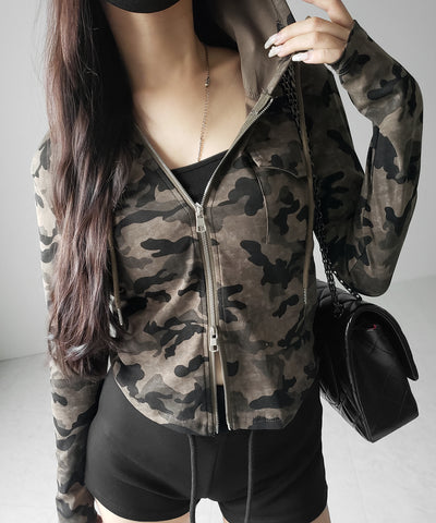 ヴィンテージカモフラダブルジップカットパーカー ／ vintage camouflage double zip cut hoodie