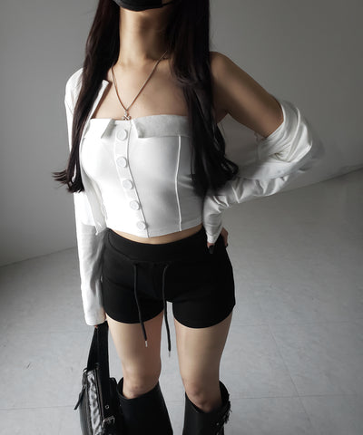 【 2点セット 】フロントボタンベアトップ ＋ クロップドカットソーカーディガン SET ／ front button bare top + cropped cutsaw cardigan SET