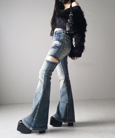 【 ２color ／ ３size 】カットアウトヴィンテージストレッチフレアデニム ／ cutout vintage stretch flare denim