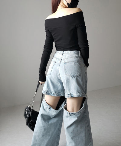 【 選べる３サイズ 】バックオープンカットアウトウォッシュワイドデニム ／ Back open cutout washed wide denim