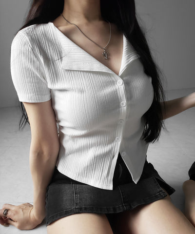 フロントボタン半袖リブカーデトップス ／ front button short sleeve lib cardigan tops