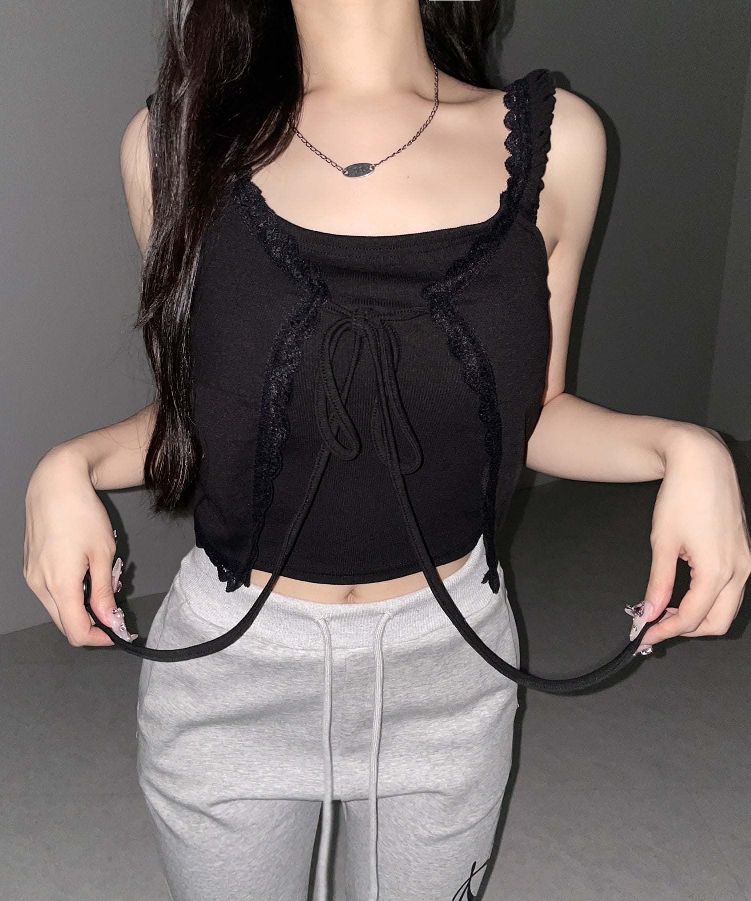 フロントリボンレイヤードリブキャミタンク ／ front ribbon layered lib camisole tank