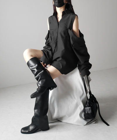 【 ３color 】オープンショルダーカットアウトビッグシャツ ／ open shoulder cutout big shirt