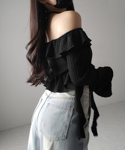 【 ２color 】クロスストラップリボンオフショルダーフリルブラウス ／ cross strap ribbon off shoulder frill blouse
