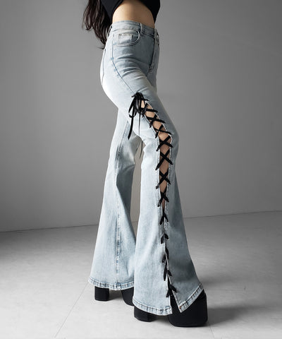 サテンリボンレースアップカットアウトストレッチフレアデニム ／ satin ribbon laceup cutout stretch flare denim