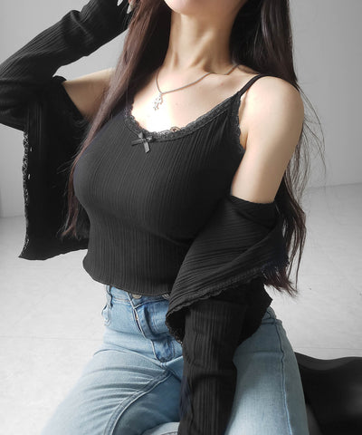 【 ２点セット 】フロントリボンレース切替リブキャミソール ＋ カーディガンセット ／front ribbon lace lib camisole + cardigan SET