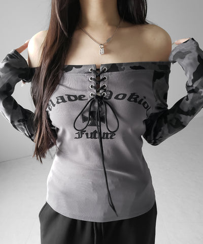 ヴィンテージカモフラロゴオフショルロンT ／vintage camouflage logo off-shoulder long-sleeve T-shirt